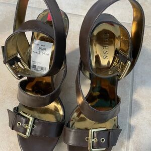 GUESS Charlisha Brown Strappy Stiletto Heels Gold Buckles Dress Sandals